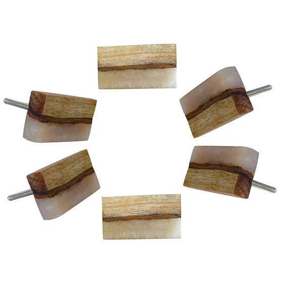 NEW Set of 6 Drawer Rectangle Pull Wooden Knobs Lot with Glass - Picture 1 of 8